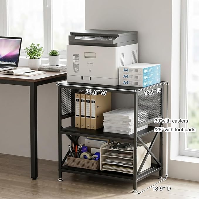 KaKaBB 3-Tier Rolling Printer Stand with Adjustable Storage Shelf, Large Mobile Office Cart with Locking Wheels, Printer Table for Home Office, 23.6 x 18.9 x 30 Inches (Black)