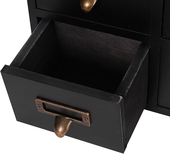 9-Drawer Wooden Desk Organizer Storage Box with Label Holders Vintage Wood Desktop Organizer, Desk Drawer Unit Collectors Box for Living Rooms, Bedrooms, Offices (Black, 1PC 9 Drawers)