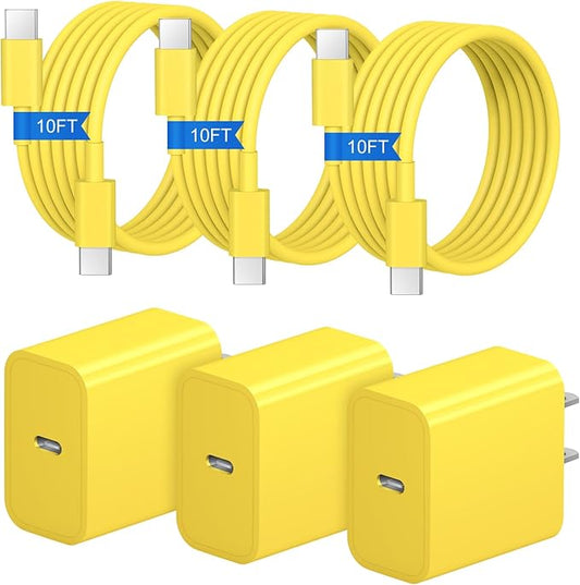 iPhone 17 16 15 Charger Fast Charging 3+3Pack 20W USB C Wall Charger with 10FT Fast Charging Cable Compatible with iPhone 17/17 Air/17 Pro/17 Pro Max/iPhone 16/15 Series, iPad Pro/AirPods -Yellow