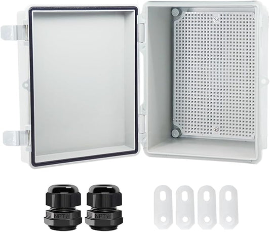 Junction Box, Hinged Cover IP67 Waterproof ABS Project Box with 2 NPT 1/2" Cable Gland, Electrical Box Enclosure with Mounting Plate & Wall Bracket 8.7 x 6.7 x 4.3inch(220x170x110mm)