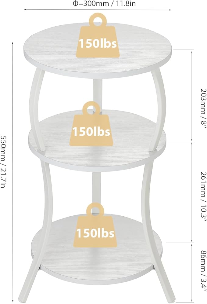 YEAKOO Vintage Small Round Side Table, 3-Tier Slim Waist Circular End Table with Storage Shelf, Compact Tea Sofa Table, Round Corner Coffee Table Nightstand for Living Room Bedroom Small Spaces,White