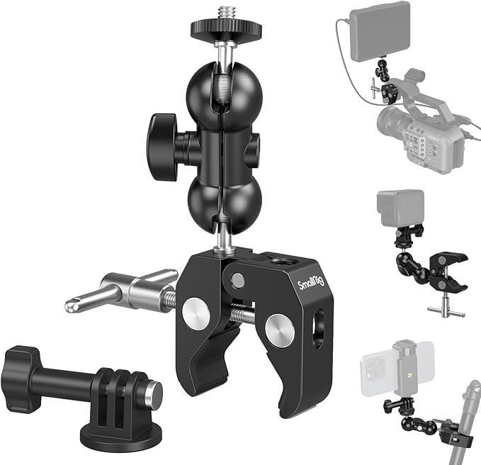 SMALLRIG Super Camera Clamp Mount, Double Ball Head Magic Arm Adapter, Fence/Desk/Tripod Mount for Monitor/Light/Camera, for Insta360, for Gopro