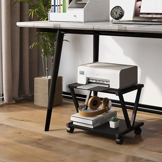 VEDECASA Retro Desktop Printer Stand 2 Double Tiers Wood Printer Shelf Modern Wood Storage Book Shelf Organizor for Home Office Stylish Sturdy V Shaped (Black)