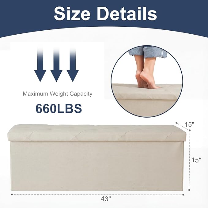 DUMOS 43in Foldable Storage Ottoman Bench, Storage Chest, Large End of Bed Foot Rest Stool with Padded Seat, Bedroom Bench for Living Room, Support 660lbs, Camel
