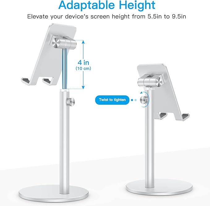 OMOTON Cell Phone Stand, Angle Height Adjustable Phone Holder, Aluminum Desktop Phone Dock for Desk, Compatible with iPhone 17 Pro Max, All Smartphones and Tablets(4-11''), Silver