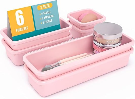 6 PCS Drawer Organizer Set, 3 Size Makeup Drawer Divider Organizer With Non-Slip Pads, Interlocking Plastic Storage Bins for Office,Jewelry Vanity,Gadgets, Bathroom,Kitchen, Pink