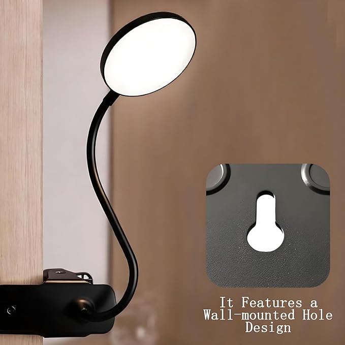 Dorm Room Essential Clip on Light, 3 Color Portable Desk Light Mini Clip Lamp, Battery Operated Small Desk Lamp with Clamp, Lightweiht Reading Lights for Books Bunk Bed Headboard Girls Guys Boys Black