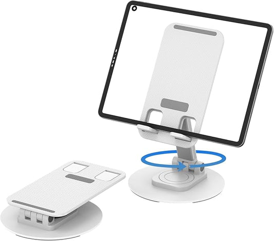 360° Rotating Cell Phone Stand for Desk, Adjustable & Foldable Phone Holder, Aluminum Desktop Phone Stand with Anti-Slip Base, Compatible with iPhone, iPad, Android Phones, K39B-White