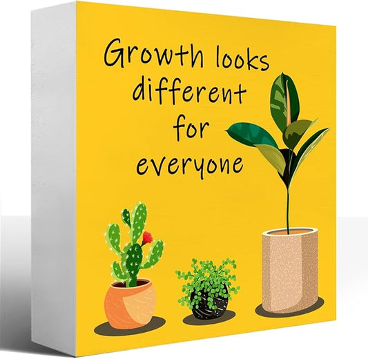 LVQHI Inspirational Desk Sign,Growth Looks Different for Everyone Plant Motivational Wooden Block Sign for Home Bedroom Office Desk Decor Saffron 5“L x 5"W x 1.2"H