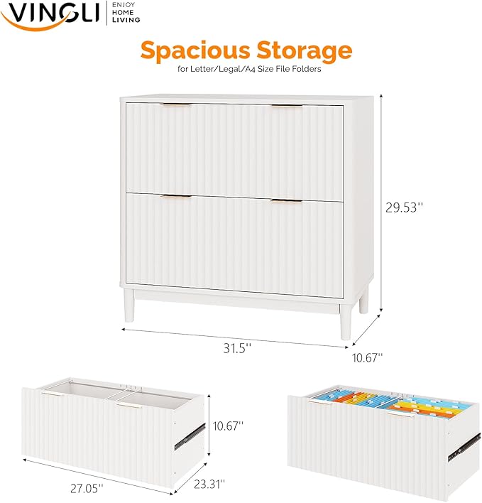 VINGLI 2 Drawer File Cabinet, Home Office Filing Organizer, for Letter Legal A4 Size File Folder Storage, Modern Style Fluted Design, Wood Lateral Filing Cabinet, Printer Stand, Archivador, White