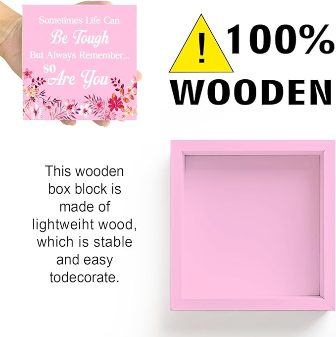 LVQHI Pink Decor For Desk, Sometimes Life Can Be Tough Sign Wood Box,Inspirational Desk Decor For Women, Small Motivational Home Bedroom Table Accessories Decoration Signs 5"x5"x1.2" In
