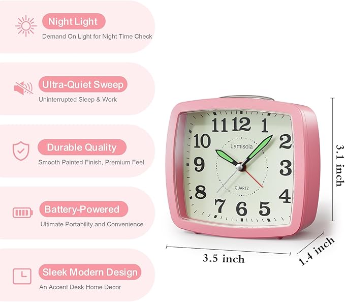 Lamisola Battery Analog Travel Alarm Clock, Small Clock for Bedroom, Desk Table Shelf Clocks for Room Office Bathroom Vanity, Aesthetic Retro Clocks for Kids Girls, Pink