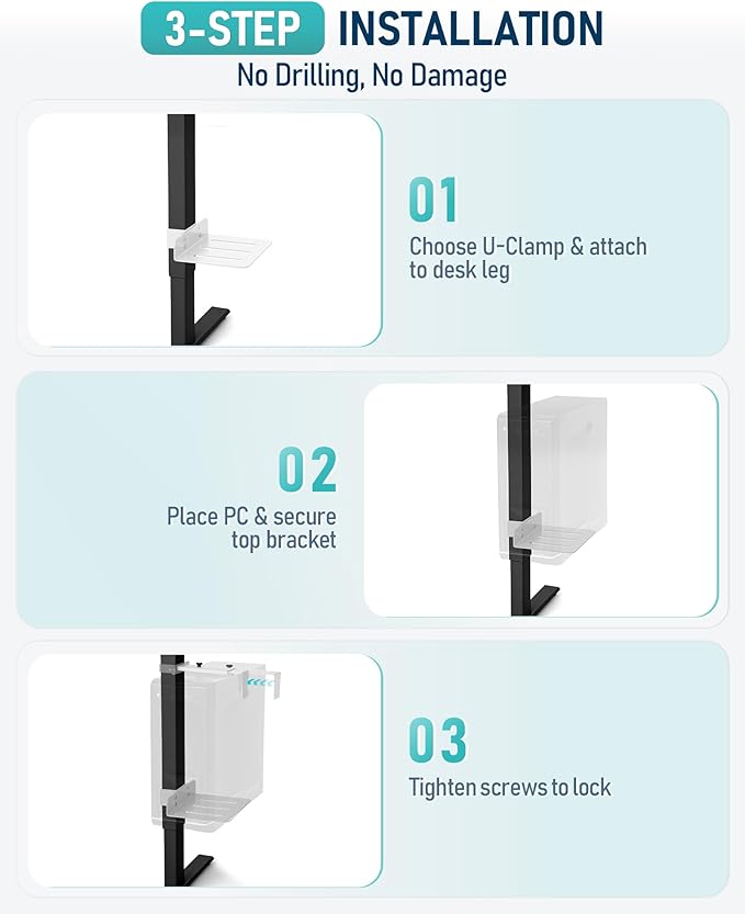 TOPSKY Adjustable Under-Desk PC Mount, No-Drill Computer CPU Holder for Standing Desks, Supports up to 50 lbs, Easy Installation, Compatible with Most Standing Desks（White）