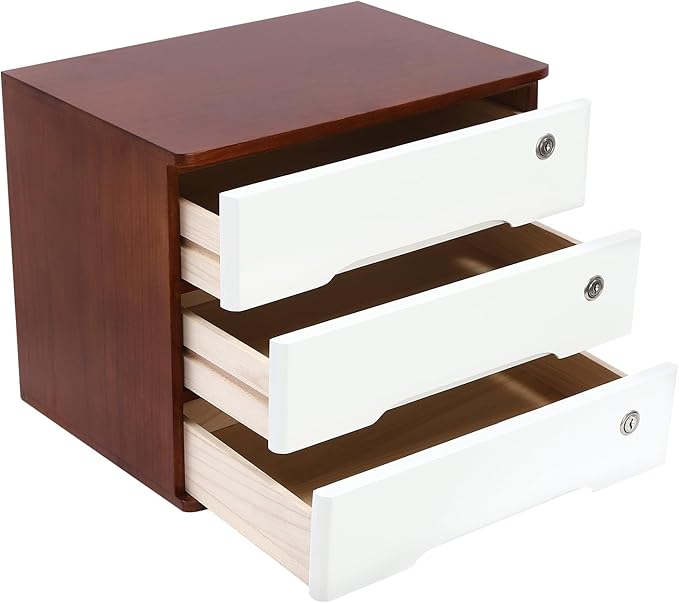 Wood Desk Organizer with 3 Drawers, Lockable Desktop Countertop Storage Cabinet for Home Office Supplies File Tabletop Organizing Unit, 15.75" x 11.02" x 12.2" (Dark Brown + White)