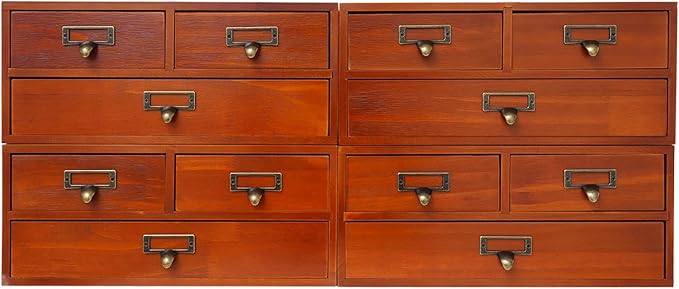 12 Drawers Apothecary Cabinet, 4-Pack Wood Tabletop Medicine Cabinet, Vintage Desktop Drawer Library Card Catalog Cabinet Wooden Chest Drawer Organizer for Tea Herbs Jewelry Stationery (Brown)