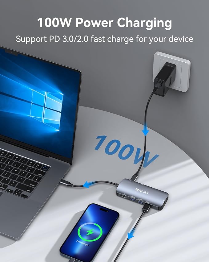 ABLEWE USB C Hub Ethernet, Multiport USB C to HDMI Hub, 8 in 1 4K@60Hz USBC Adapter,1000Mbps, 100W PD, 3 USB 3.0 Ports, Docking Station Compatible for MacBook, Tablet, Phone, Type C Devices
