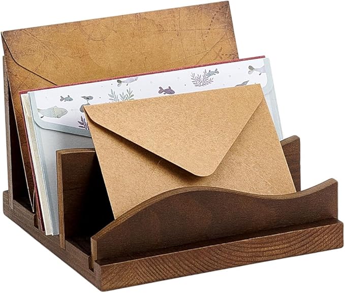 CUTHOLLOW Desk Mail Organizer Sorter, Wooden Mail Holder with 3-Slot Letter Tray for Envelopes, Bills, and Files, Countertop Desktop Organizer for Home Office (6.3"L × 6.3"W × 4.29"H)