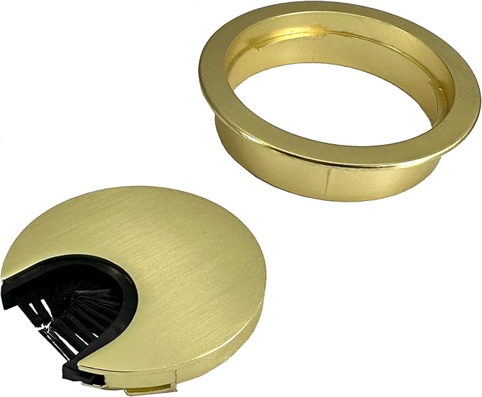 Satin Brass Metal Cable Grommet | 2 Piece "Lock in" Feature with "Brush" Opening for Management of Office & Computer Desk Wires | 60mm (2 3/8") Hole Opening | 1 Pack
