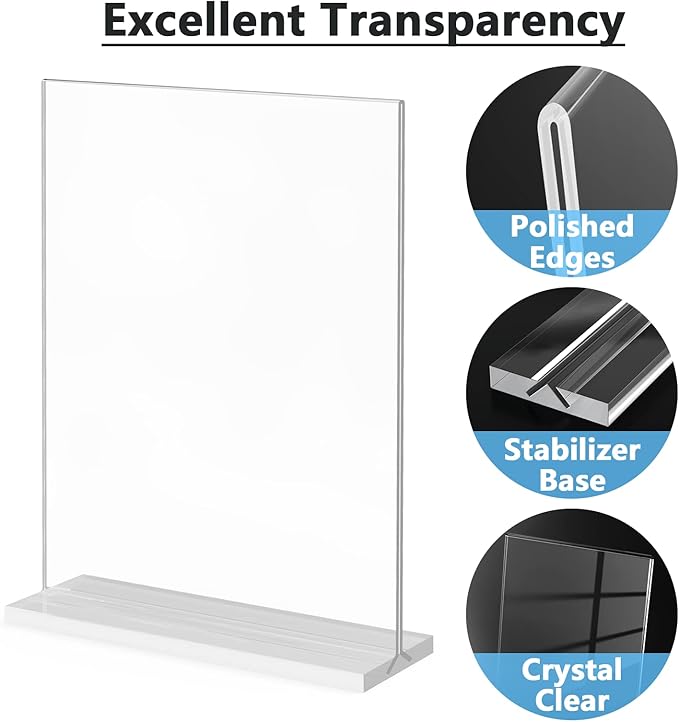 MaxGear 8.5x11 Acrylic Sign Holder 3 Pack, Clear Table Menu Display Stand Plastic Document Paper Holder Double Sided T Shape Sign Frame for Store, Restaurant, Hotels, Office