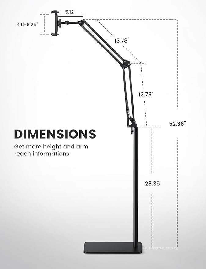 Lamicall Tablet Floor Stand Holder - [55" Height Adjustable][ Flexible Arm] 5lb Base Tablet Holder, Multi Angle Bed Mount Gifts for 4.7-13" Devices, iPad Pro Air, Tabs, E-Readers, Kindle Accessories