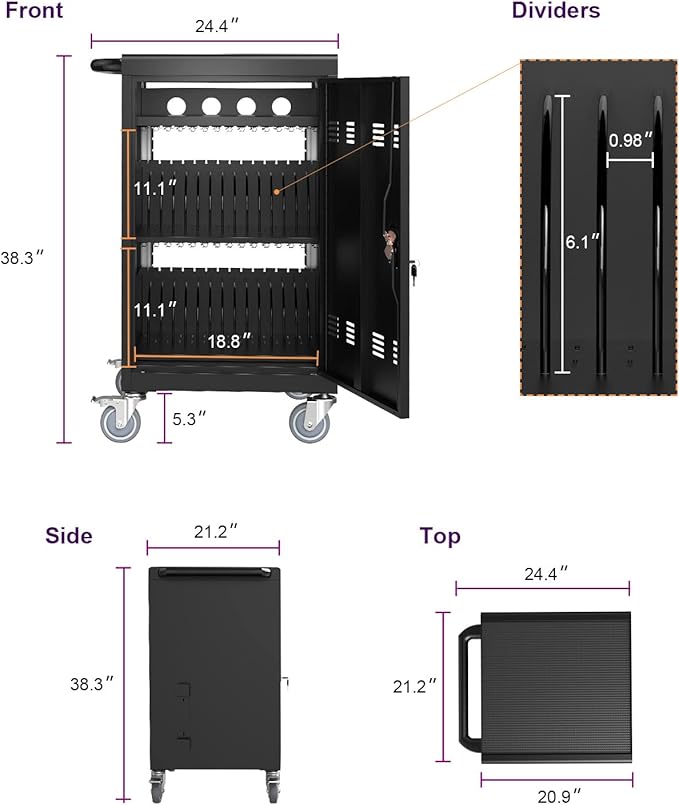 32-Bay Mobile Laptop Cart & Chromebook Charging Station - Heavy-Duty Locking Cabinet for 17" Screens, Laptop Storage Rack for Multiple Laptops/Tablet, Ideal for Schools, Offices, Hospitals (Black)