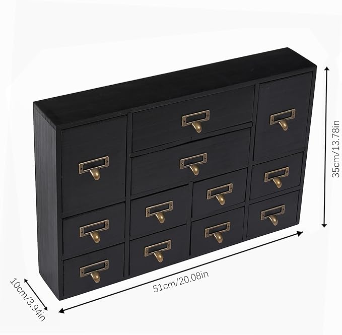 Vintage Desktop Apothecary Cabinet with 12 Drawers,Wood Desktop Organizers Stackable Drawers Desktop Chest Drawer for Herb Storage,Tea Collection,Stationery (12 Drawers,Black)