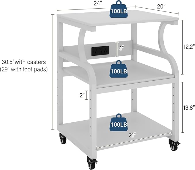 Natwind Large Printer Stand, 24''x20''x29'' Printer Table with Adjustable Storage Shelf, 3 Tier Rolling Cart with Wheels, Multifunctional Home Office Shelves for Heat Press, 3D Printer (White)
