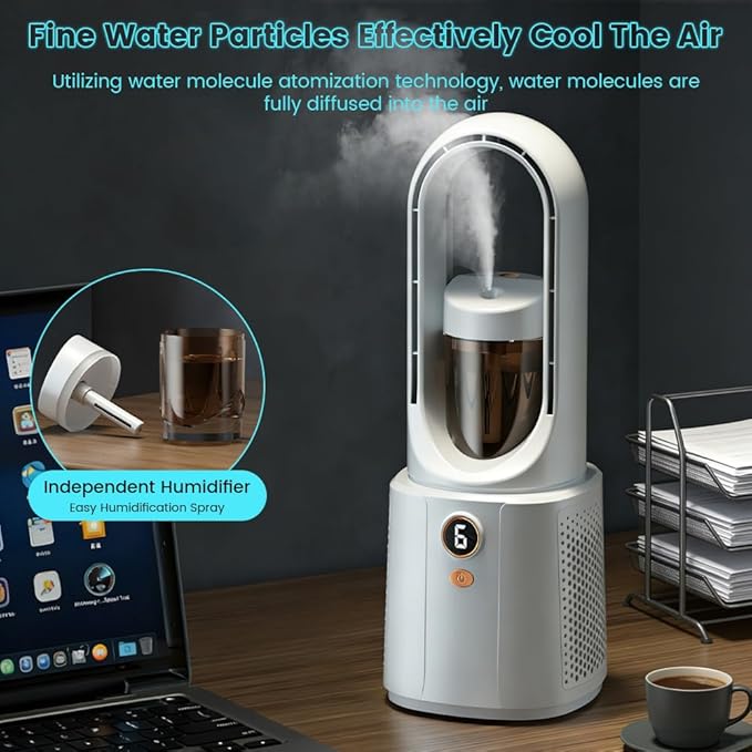 Bladeless Fan for Desk, Night Light & Humidifier Cooler, Desk Fan Quiet, 5 Speeds for Powerful Airflow, Silent Desk Fan, Bladeless Tower Fan for Bedroom, Office, Nightstand