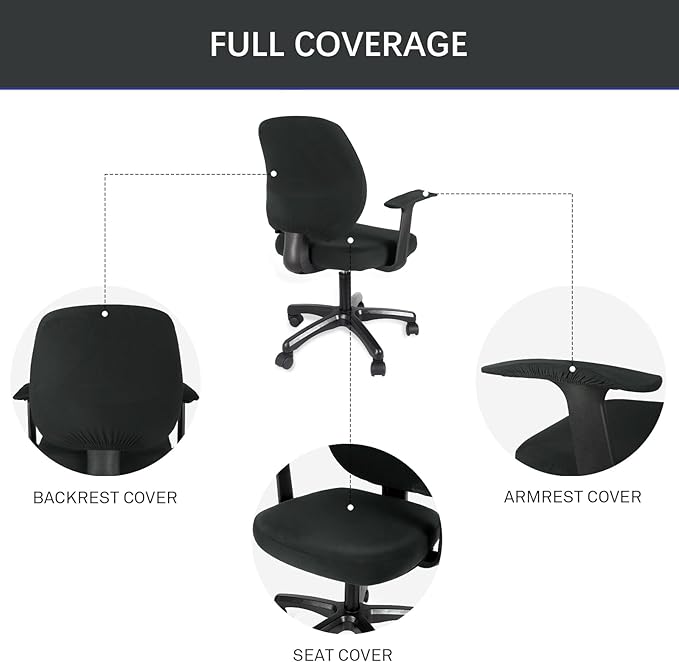 WOMACO Office Computer Chair Cover with Armrest Covers, Stretch Universal Rotating Rolling Desk Chair Slipcover, 4 PCS Stretchable Office Chair Seat Protector (Black, with Armrest Covers)