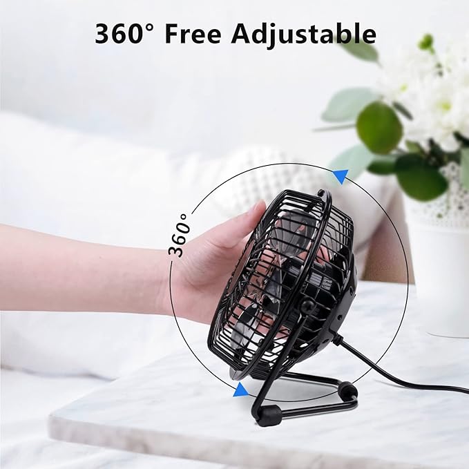 Zuvas Desk Fan Quiet Small USB Fan 360° Rotation Portable Table Fan 2 Speed Mini Personal Fan Air Cooling Electric Fan for Home Office Bedroom Travel Camping, 4 inch Black