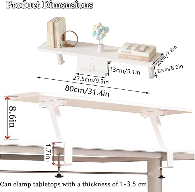 31.4x7.8 in Clamp on Desk Shelf, Adjustable Floating Desks Shelf with Reading Stand Space Saving Laptop Riser Stand for Office, Dorm, Home Desk Organization, White