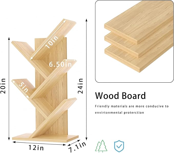 SHEEPAM 5 Tier Tree Book Shelf, Small Desktop Bookshelf with Storage Organizer, Wood Bookcase, Desk Display Bookshelves, Floor Standing Organizer Bookcases for Living Room,Bedroom,Office-Natural