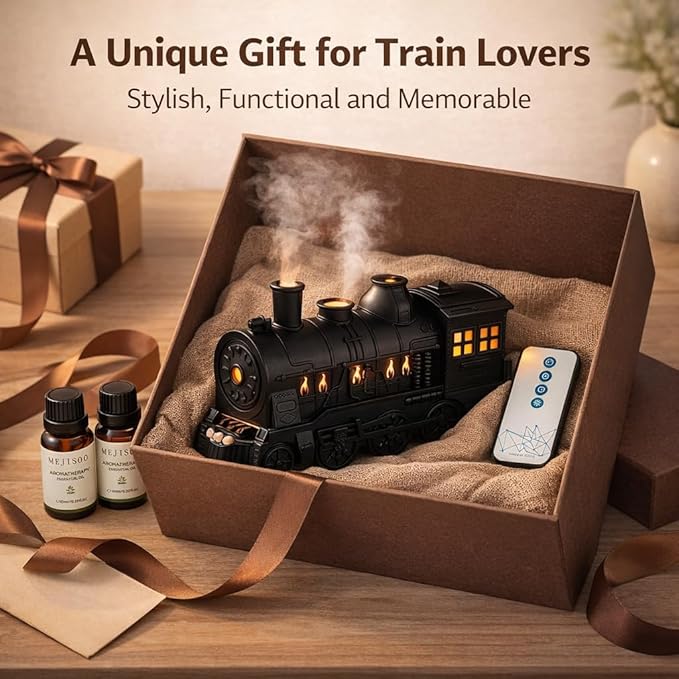 Steam Train Essential Oil Diffuser Set, 300 ml Retro Train Aromatherapy Diffuser with Night Light, Includes 2 Essential Oils, Desk Decor Humidifier, Gift for Train Lovers