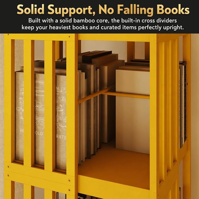 Lauxery Rotating Bookshelf Tower– 6 Tier 360° Spinning Bookshelf | Space-Saving Floor Standing Bamboo Revolving Bookcase for Small Space, Home Offices & Reading Corners | Gold