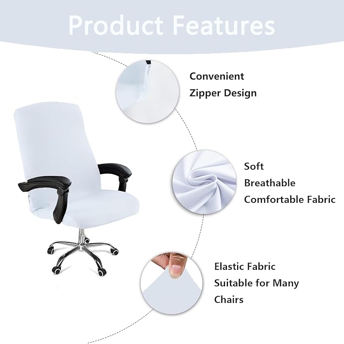 Office Chair Cover,Removable Desk Chair Cover with Zipper,Stretch Anti-dust Universal Rotating Office Seat Slipcover,Washable High Back Computer Seat Protector for Pets (White, Large)