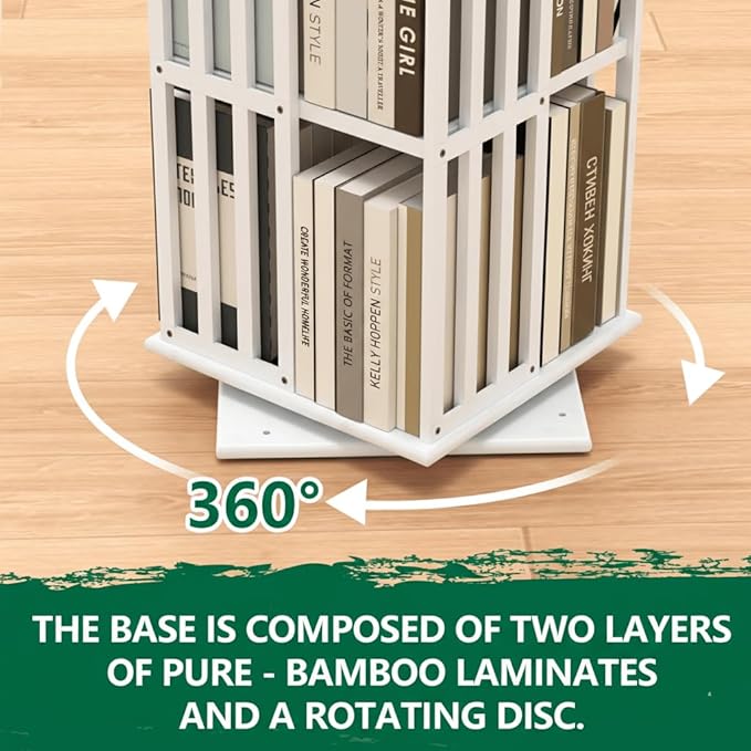 Lauxery Rotating Bookshelf Tower– 6 Tier 360° Bamboo Spinning Book Shelves| Space-Saving Tall Square Revolving Bookcase for Small Space, Living Room, Bedroom & Office | White Corner Bookshelf