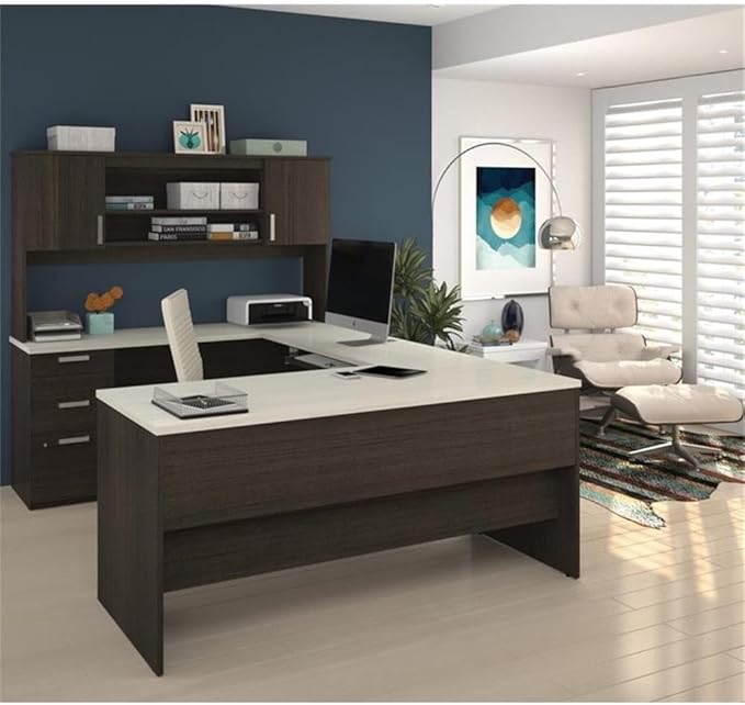 Pemberly Row U Shaped Computer Desk, 65" W x 93.6" D x 65.9" H, Melamine and Particle Board, Dark and White Chocolate Finish, Built-in File Cabinet, Hutch Storage, Reversible Configuration for Home