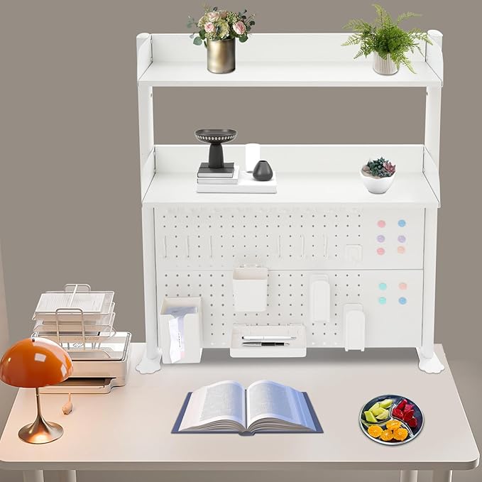 32"W Clamp on Desk Shelf with Pegboard, Adjustable Desk Organizer Shelf Desktop Storage Shelves for Home Office Dorm Gaming Desk, Space Saving Tabletop Display Rack Organization (32*5*37.4in)