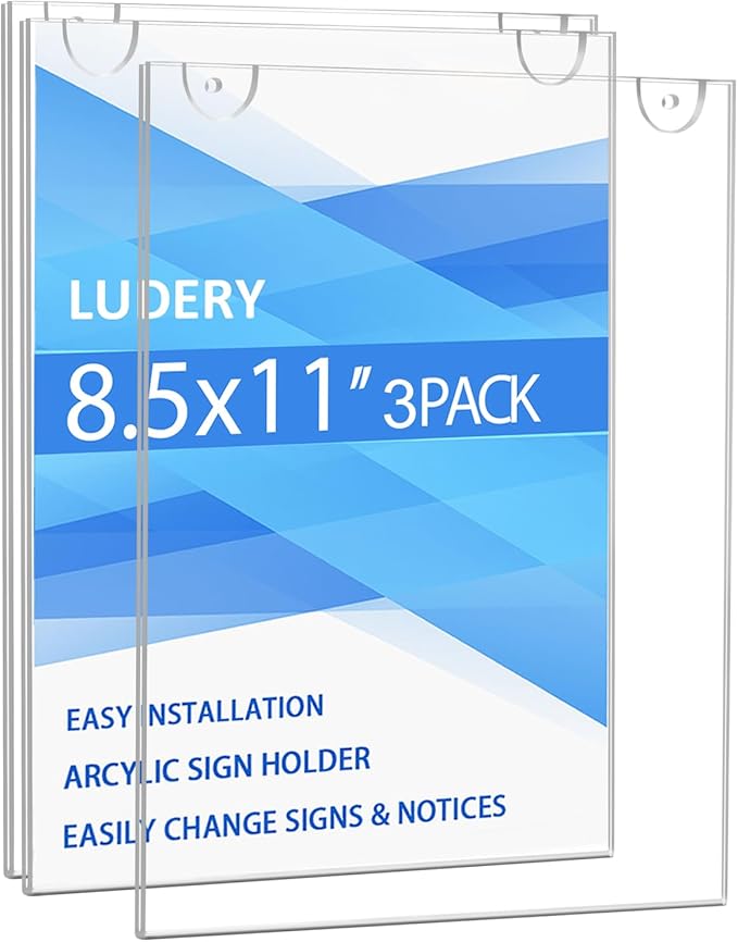 Acrylic Sign Holder 8.5 x 11 Vertical, Wall Mount Document Holder, Clear Plastic Picture Frame with Tape Adhesive and Screws for Office, Home, Store, Restaurant - 3 Pack