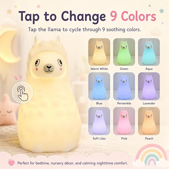 Baby Night Light for Car Seat- Dimming Function 9 Colors Changing Eye Caring Portable Rechargeable & Timing Bedside Lamp Light Up Toddler Bed Room Travel Essentials Squishy Silicone Infant BPA Free