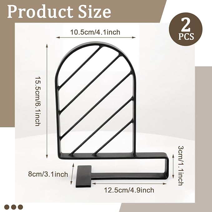 2 Pcs Metal Book Ends for Shelves Heavy Duty Clamp Book Organizer Black Metal Bookends Storage Holders with Non Skid Base for Home Office Supplies