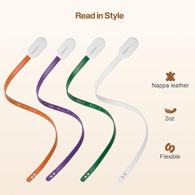 ROOKIELEDS Faux Leather Strip Clip-On Book Light, Rechargeable Reading Light, Full Book Cover, CRI 90+, 4 Colors & Stepless Dimming, Battery Indicator, Portable for Bed Travel Book Lovers