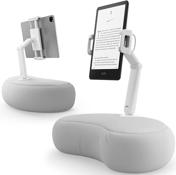 SAIJI Tablet Pillow Stand for Bed – iPad & Kindle Holder with Flexible Dual Axis Arm & Microbead Cushion, 360° Adjustable Lap Beanbag Phone Holder Fits Devices with 4.7"–15.6" Screens (Gray)