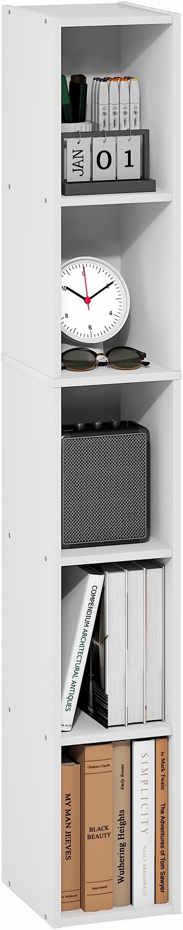 Furinno Fulda Book Shelf, 5-Tier Tall Narrow Bookshelf, Standing Bookcase with 8-in Width Storage Shelf, 9.3 x 7.9 x 51.9, for Organization Storage, for Living Room, Bedroom, Home Office, White