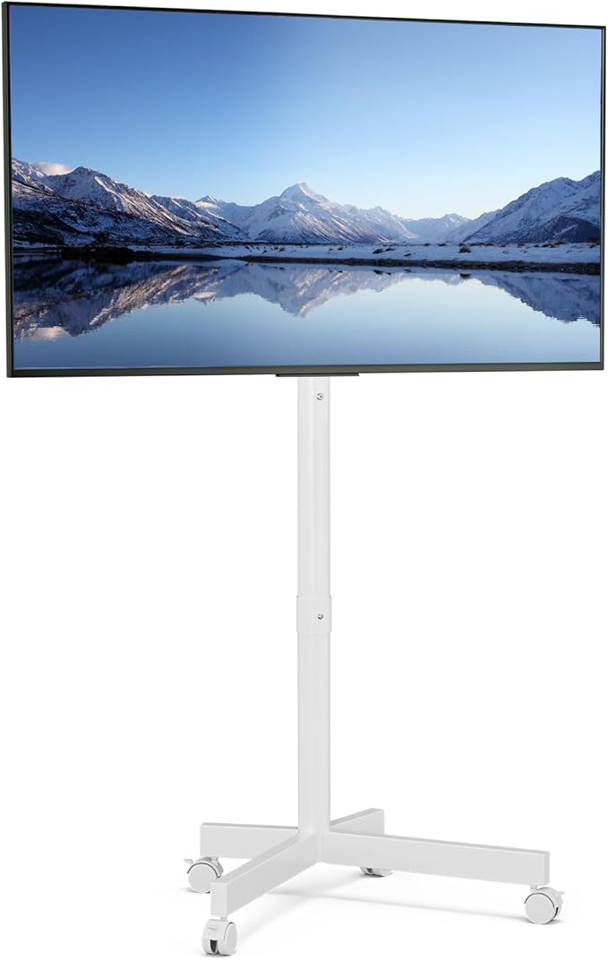 Mobile TV Cart, Floor TV Stand for 13-55 inch TVs with -10°/+15° Tilt Mount Holds up to 77 lbs, Height Adjustable Portable TV Stand for Flat/Curved Screens Max VESA 400x400mm, White