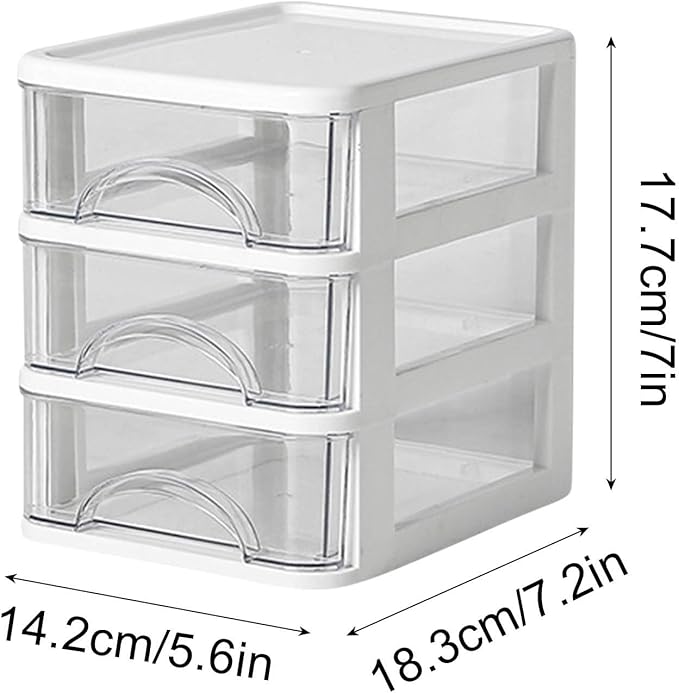 Mini Desktop Drawer Plastic White Frame with Clear Drawers Small Storage Drawers Containers Multi-layer Storage Organization Units for Storing Arts, Crafts, Sewing Accessories, Stationary (3 Layers)