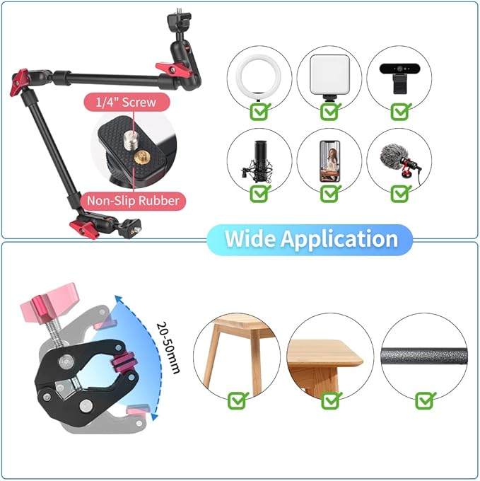 22" Magic Arm w Clamp Mount, Overhead Desk Phone Mount Stand, Adjustable Articulating Friction Camera Boom Arm w 1/4" Thread for Phone Video Light Webcam Action Camera Tripod Mic