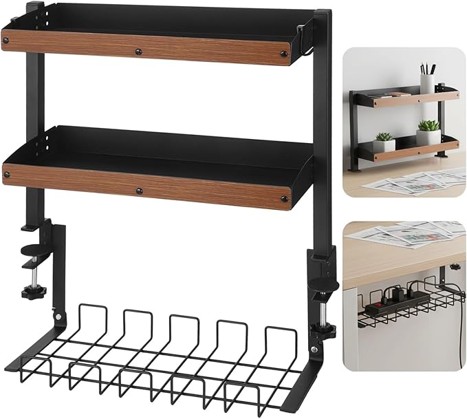 Clamp-On 3-Tier Desk Shelf, Metal Rack with Wood Grain Shelves, Adjustable Above & Under Desk Storage, Extension Socket Holder, for Home Office Or Gaming