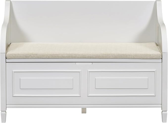 SOFTSEA 41.9" Storage Bench with Back, Entryway Shoe Bench with Cushion & Lift Top Storage, Rustic Shoe Storage Cabinet with Cushioned Seat for Entryway, Bedroom, Living Room (White)