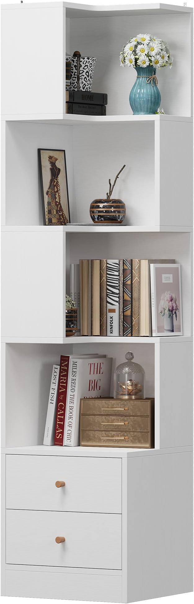 IRONCK Corner Bookshelf, 70.87" Tall Corner Bookcase with Drawers, Corner Shelf Storage Display Rack for Living Room Home Office, White